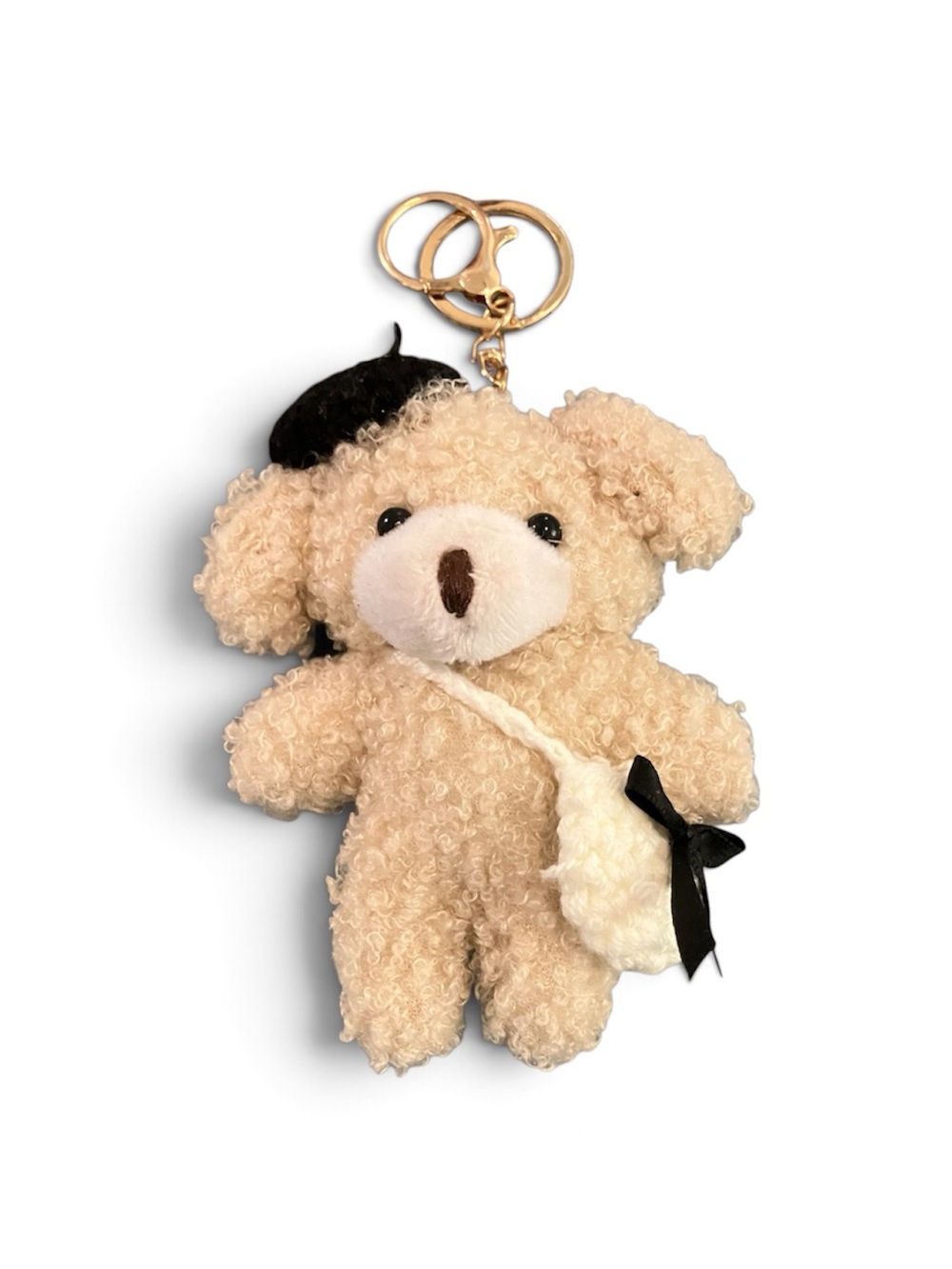 Plush Beige Dog Keychain with Black Hat and Bow - Cute Pet Accessory